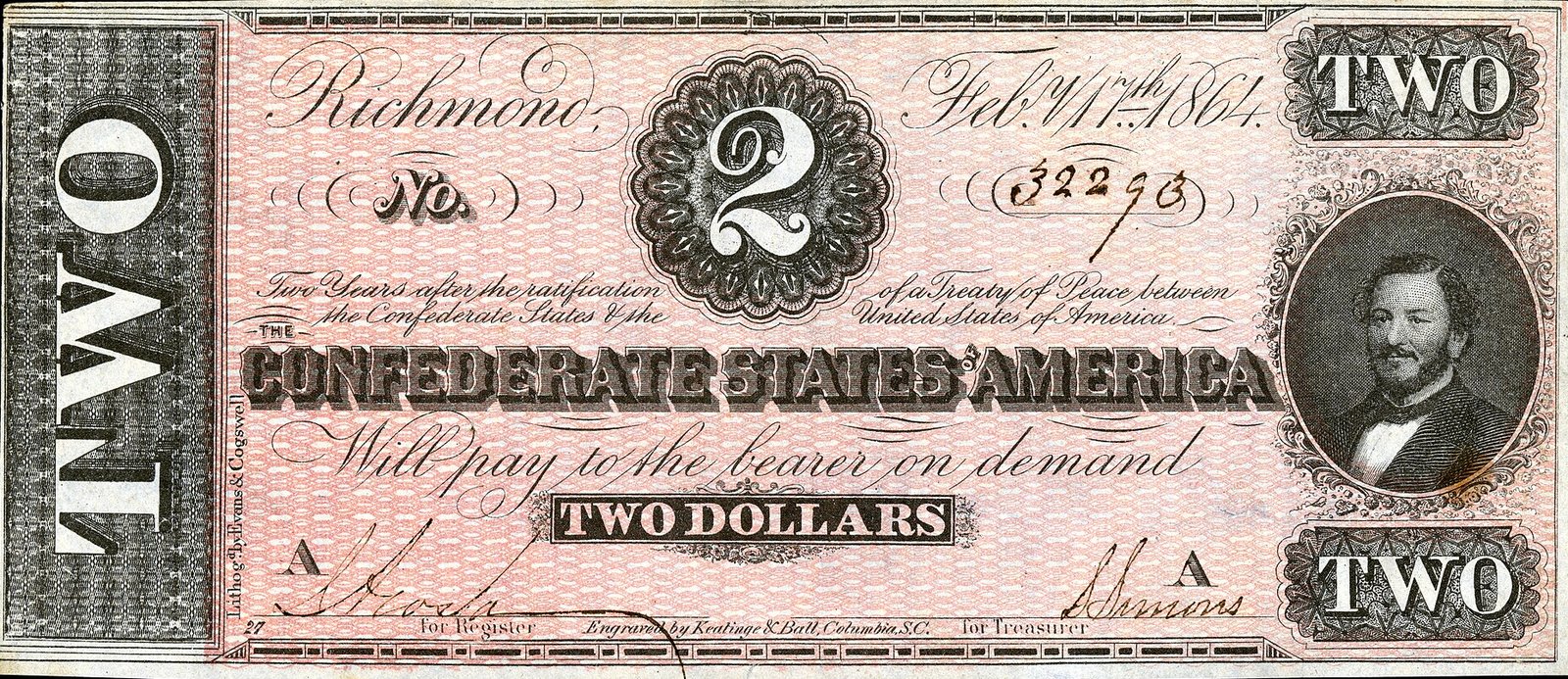 Confederate States two-dollar note of 1864, type T-70, with Judah P. Benjamin