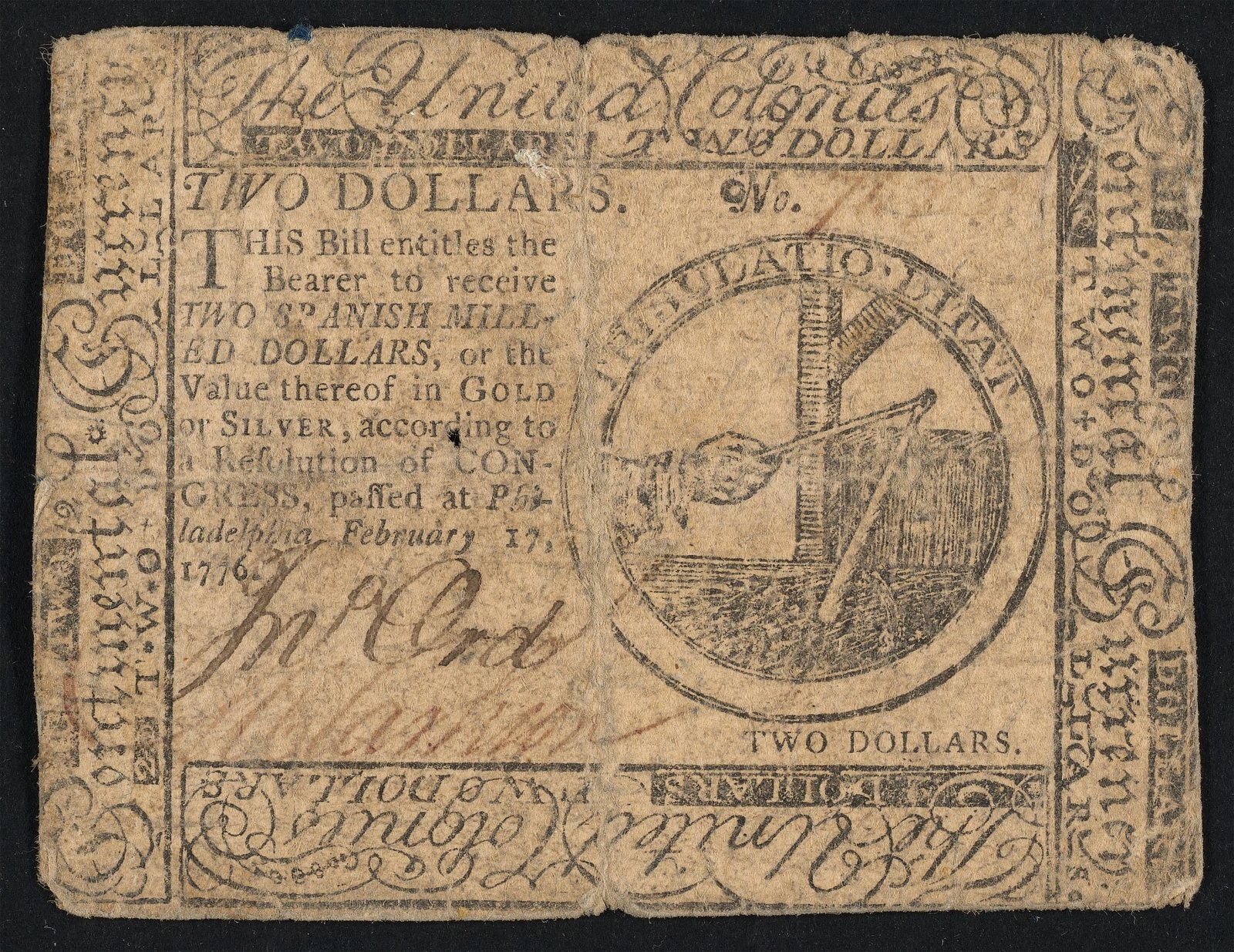 Continental Currency two-dollar note dated February 17, 1776