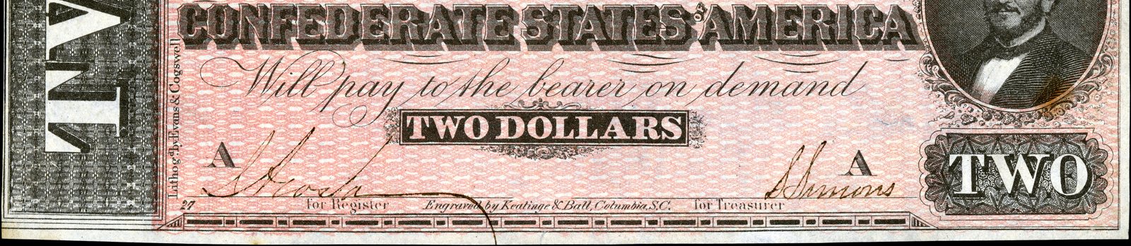 Back of the 1864 Confederate two-dollar note