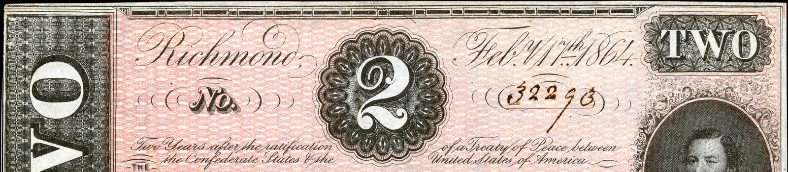 Confederate States two-dollar note of 1864, type T-70, with Judah P. Benjamin