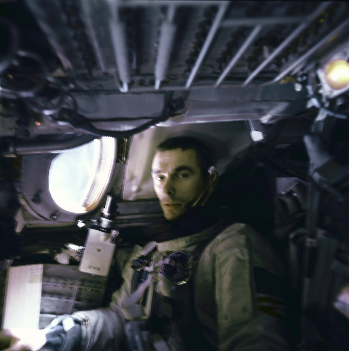 Astronaut Gene Cernan inside the Gemini 9A spacecraft in orbit, June 1966