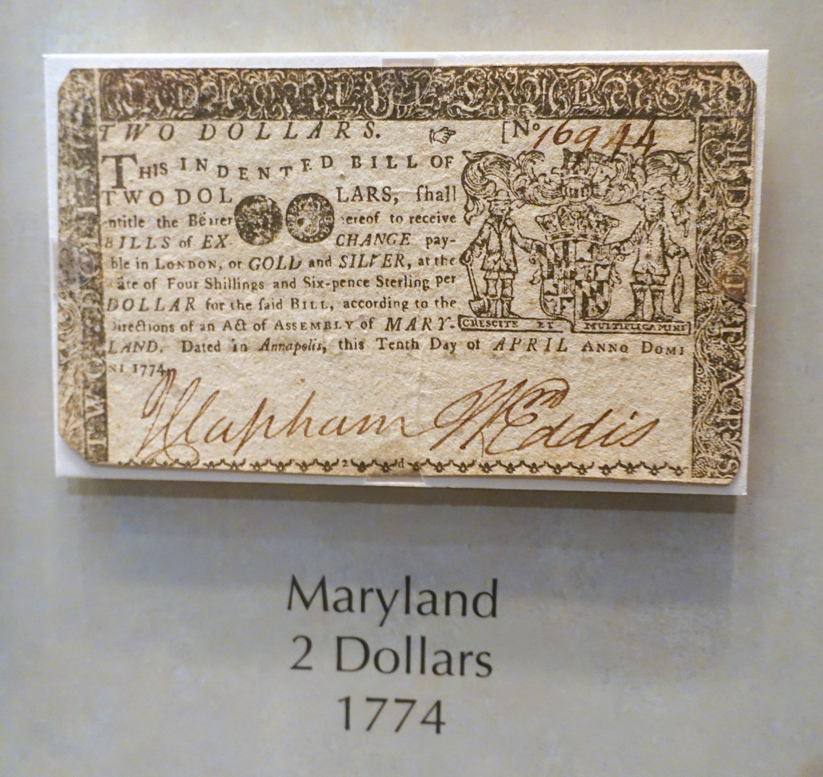 A Maryland two-dollar note of 1774 on display at the National Museum of American History