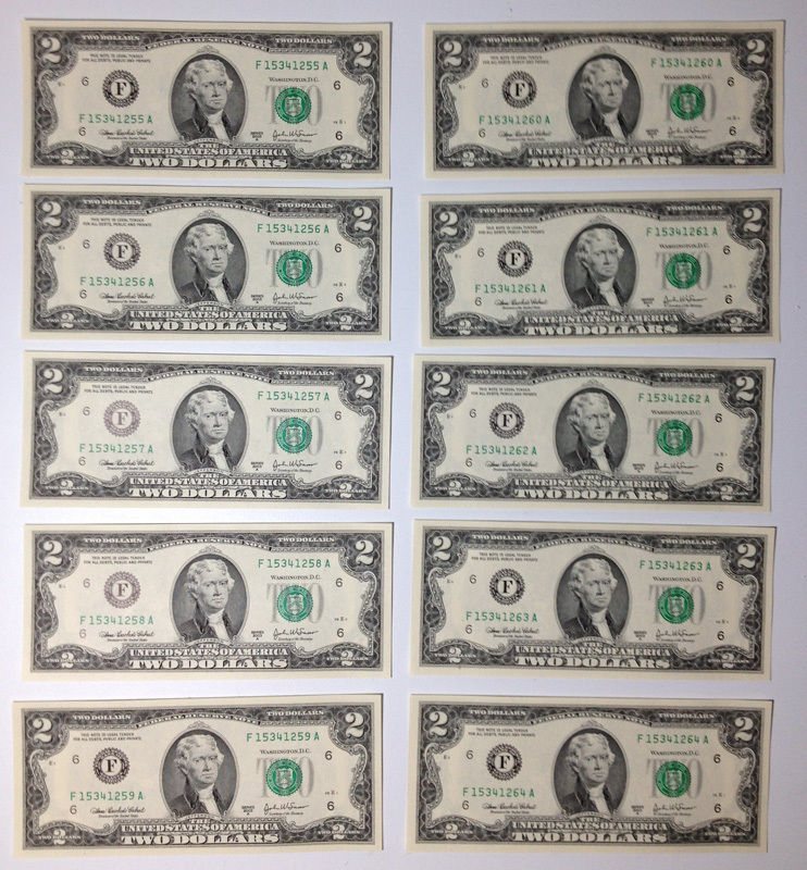 Ten uncirculated Series 2003A $2 notes from Atlanta with consecutive serial numbers F15341255A through F15341264A