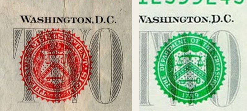 The red Treasury seal of a 1953 two-dollar United States Note beside the green Treasury seal of a 2009 Federal Reserve Note