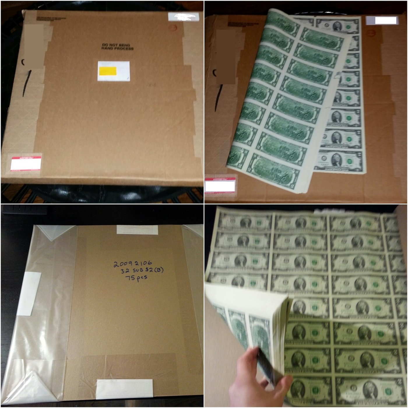 Uncut sheets of two-dollar bills being unpacked from a Bureau of Engraving and Printing shipping box